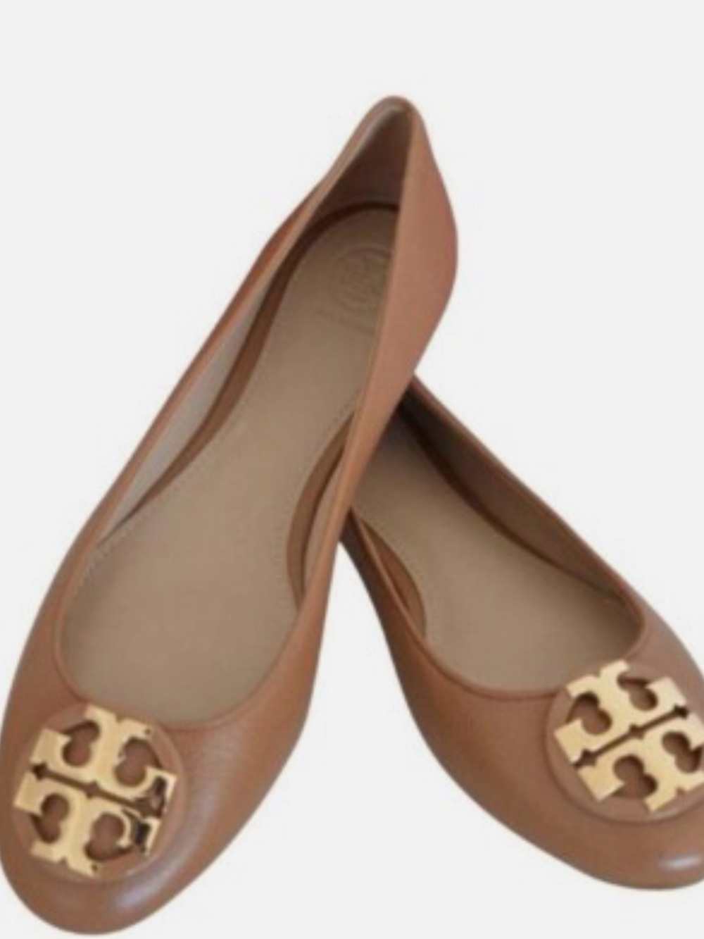 Tory Burch Cognac Leather Logo Round-Toe Ballet Flats